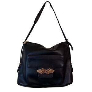 Tommy Bahama Women Black Katerini Leather Top Zip Handbag - Gold Leaves